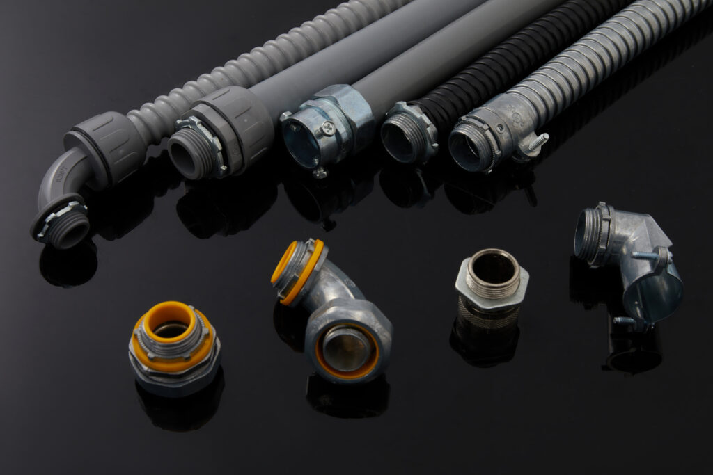 Steel Flexible Conduit, PVC-coated Flexible Conduit, Liquid Tight flexible conduit, non-metallic liquid tight flexible conduit, liquid tight connectors, angle squeeze connectors