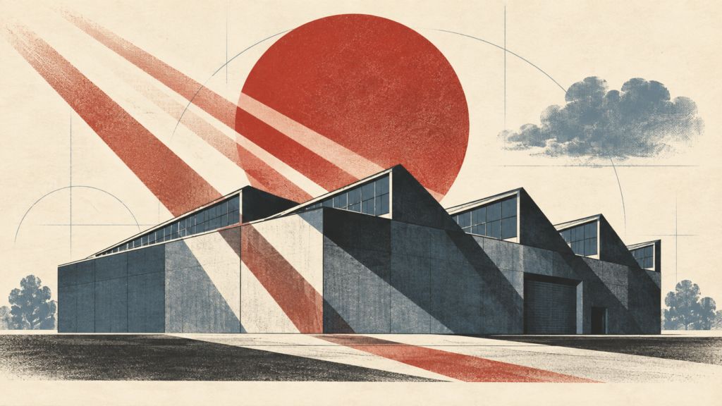 Vintage-style illustration of sunlight falling across an industrial building beneath a red sun and blue cloud.