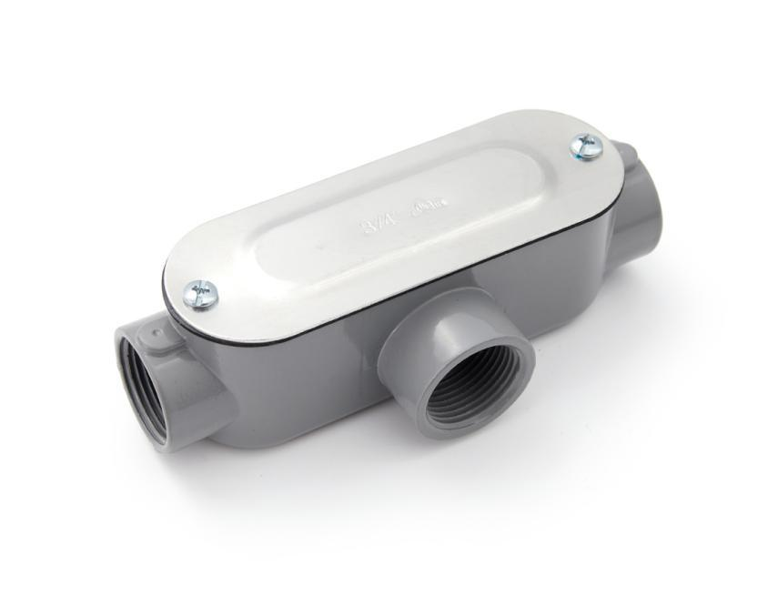 Catalog image of a T conduit body with its cover fitted.