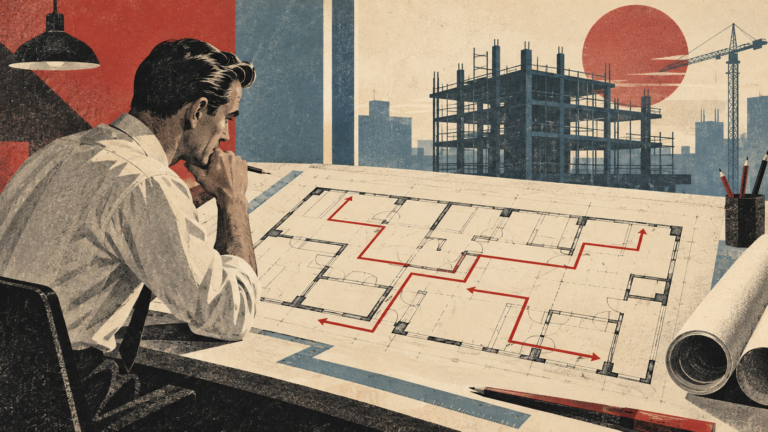 Vintage-style illustration of an engineer studying route lines on a building plan.