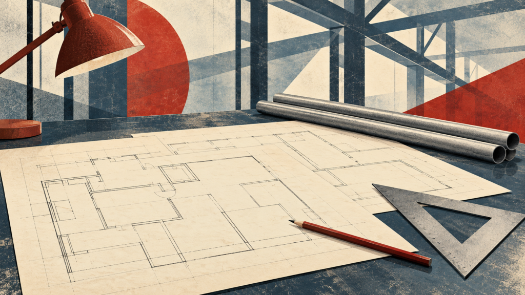 Vintage-style illustration of architectural plans, a pencil, a drafting triangle and plain steel tubes on an engineering desk.