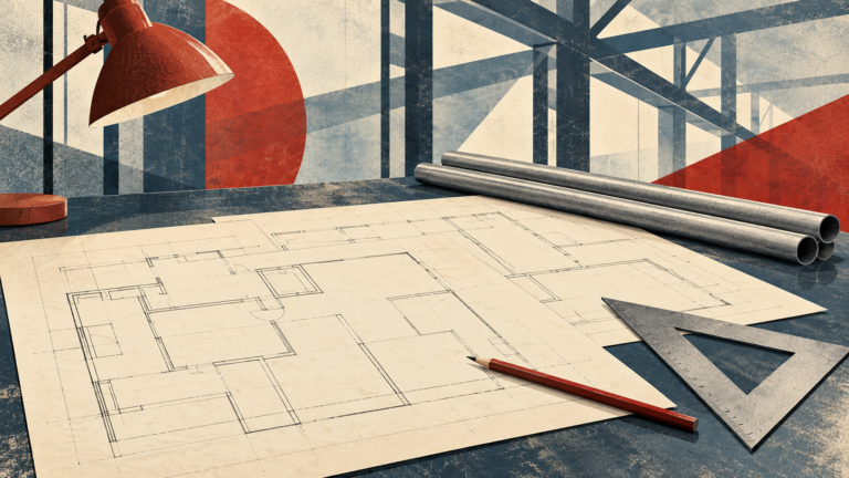 Vintage-style illustration of architectural plans, a pencil, a drafting triangle and plain steel tubes on an engineering desk.