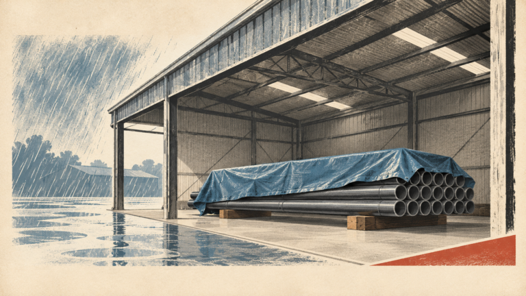 Editorial illustration of unbranded steel tubes raised on wooden supports under a blue tarp inside a shelter during rain.