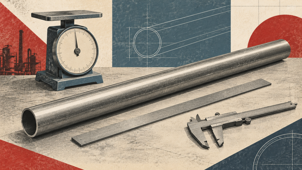 Vintage industrial illustration of a straight steel tube, straightedge, caliper and weighing scale on an inspection table.