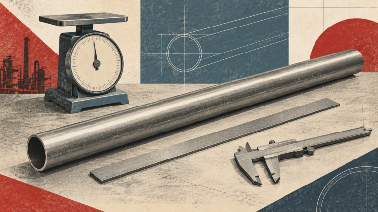 Vintage industrial illustration of a straight steel tube, straightedge, caliper and weighing scale on an inspection table.