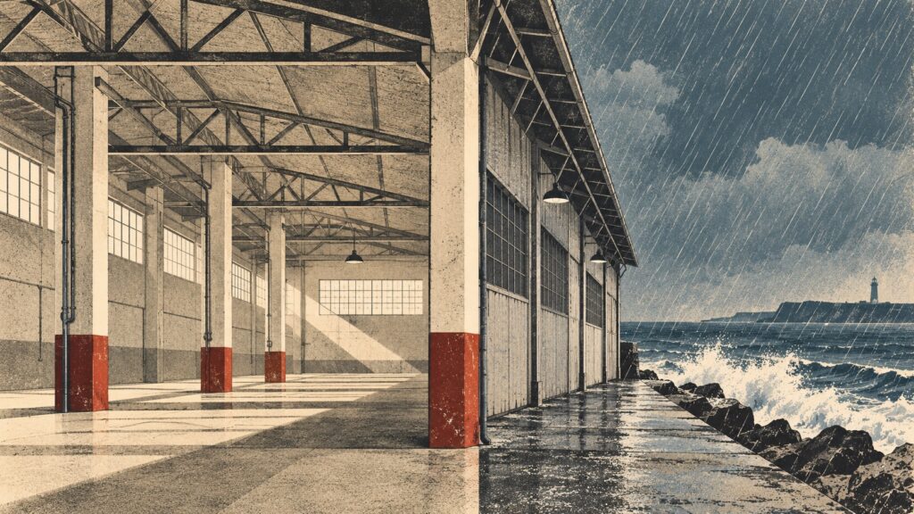 Vintage illustration contrasting a sheltered industrial interior with a rain-exposed coastal building.